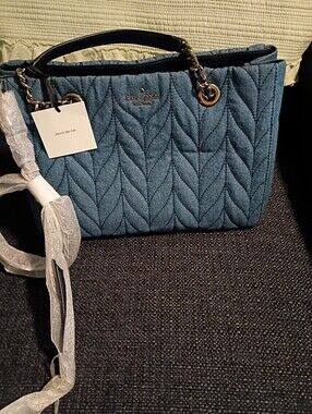 Kate Spade Meena Briar Lane  Quilted Denim-Style Blue Tote with Chain Handles